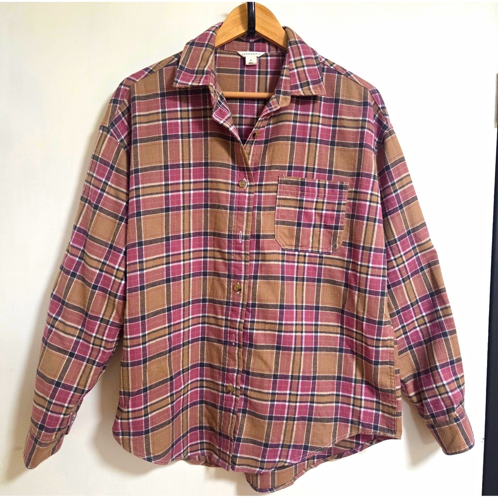 Aeropostale Women's Small Plaid Flannel Button Down Shirt Brown Mauve Oversized